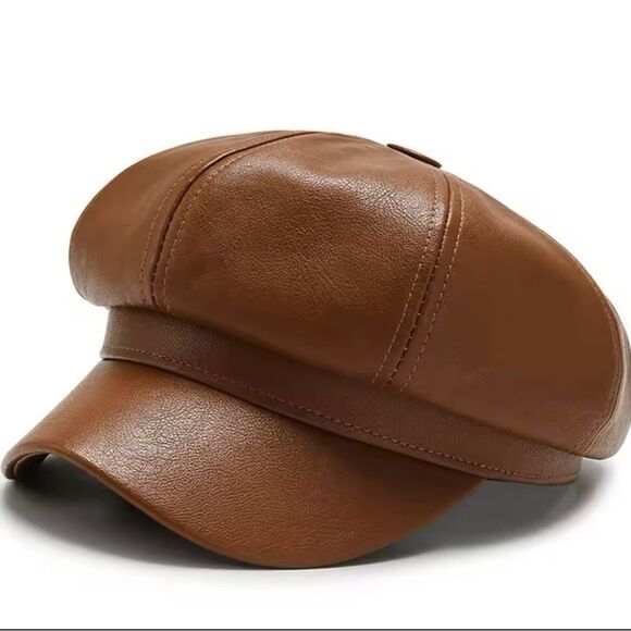 WOMENS NWT FAUX LEATHER NEWSBOY CAP - Picture 1 of 7